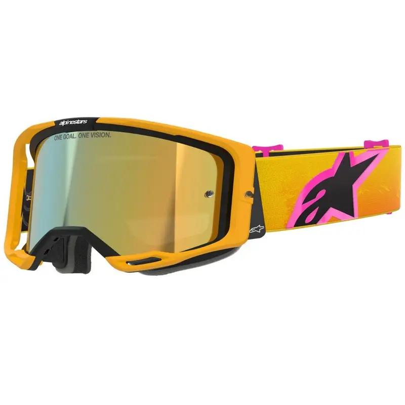 Aktuální Motokrosové brýle Alpinestars Vision 8 Corp oranžovo-žluto-růžové se zrcadlovým zlatým zorníkem