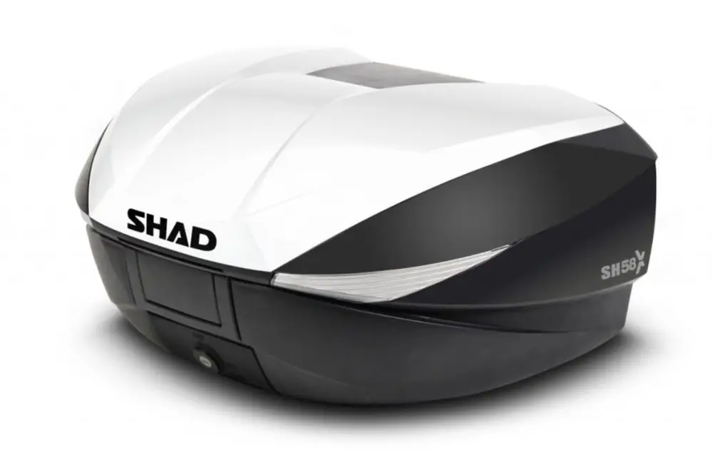 Přímo Od Výrobce Vrchní kufr na motorku s barevným krytem SHAD SH58X bílá se zámkem PREMIUM