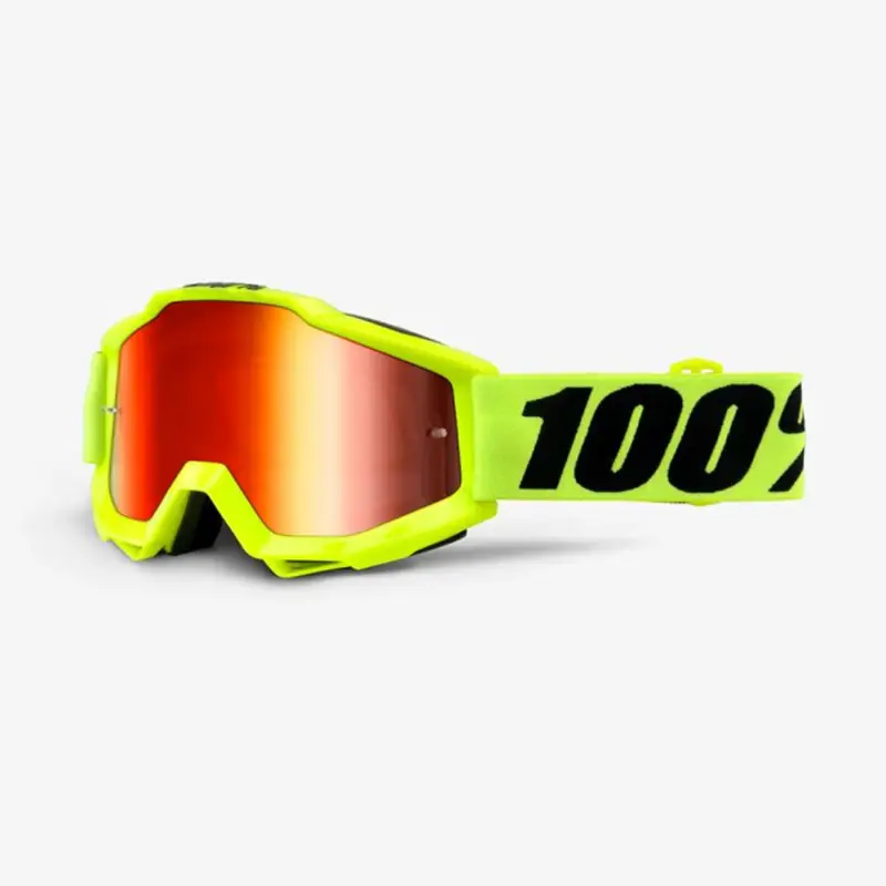 100% brýle ACCURI Fluo Yellow - USA (červené + čiré zrcadlové plexi s čepy pro slídy) Finální Výprodej