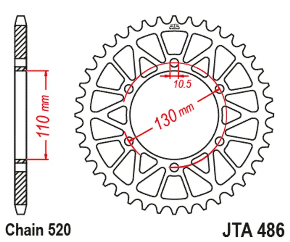 Značkový Hliníková řetězová rozeta JT JTA 486-44GLD 44 zubů, 520 zlatá