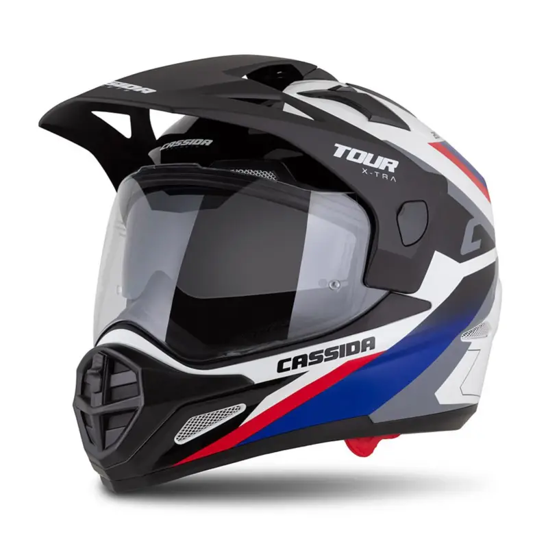 Aktuální CASSIDA Enduro moto přilba Tour 2.0 X-tra bílá modrá červená černá černý matný kšilt