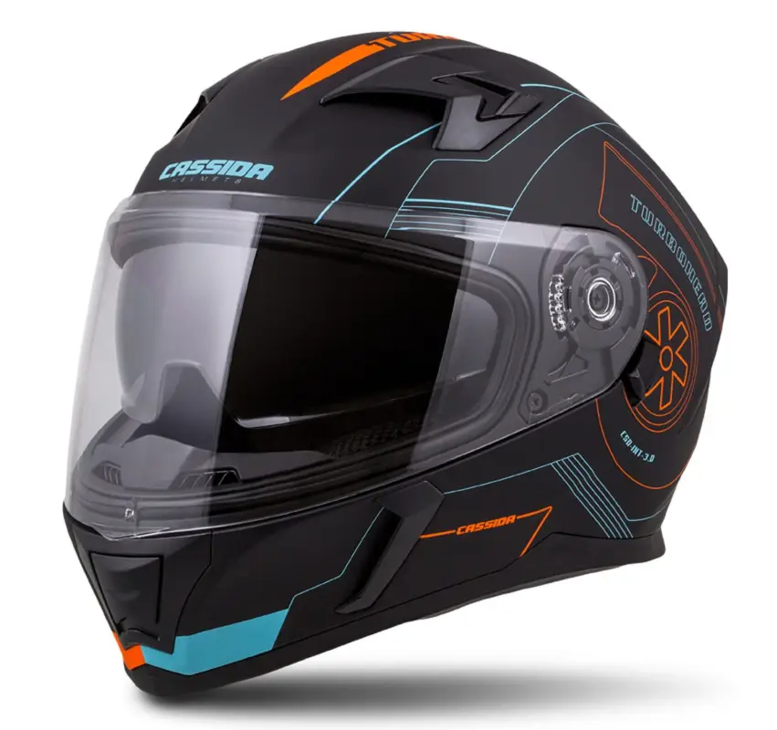 Aktuální CASSIDA Integrální moto přilba Turbohead 3.0 černá matná oranžová modrá plexi s přípravou pro Pinlock