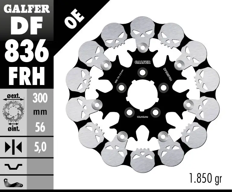 Časově Omezené GALFER brzdový kotouč zadní HARLEY-DAVIDSON (300X56X5) plovoucí SKULL (motiv lebky)