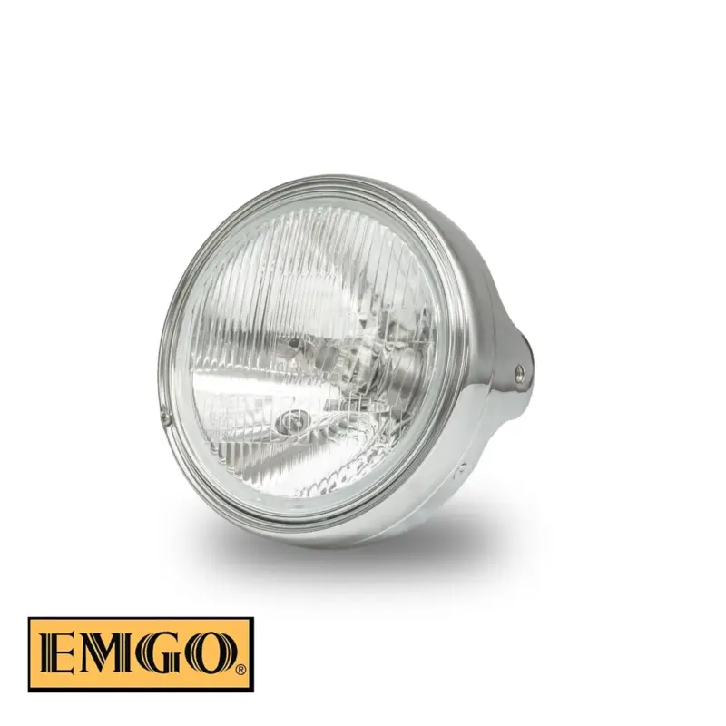 Must-Have EMGO světlomet / světlo univerzální kompletní H4 chromovaný (průměr vložky 7" / 17,8cm, montážní otvory 10mm) vzor KAWASAKI modely Z1 i KZ (OEM: 23005-1016; 23006-038) (homologace E-MARK)