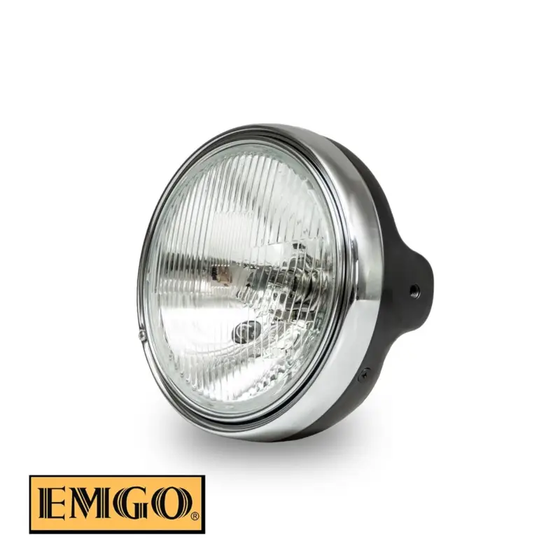 EMGO světlomet / světlo univerzální kompletní H4 černý (průměr vložky 7" / 17,8cm, montážní otvory 10mm) vzor KAWASAKI modely Z1 i KZ (OEM: 23005-1016; 23006-038) (homologace E-MARK) Přímo Od Výrobce