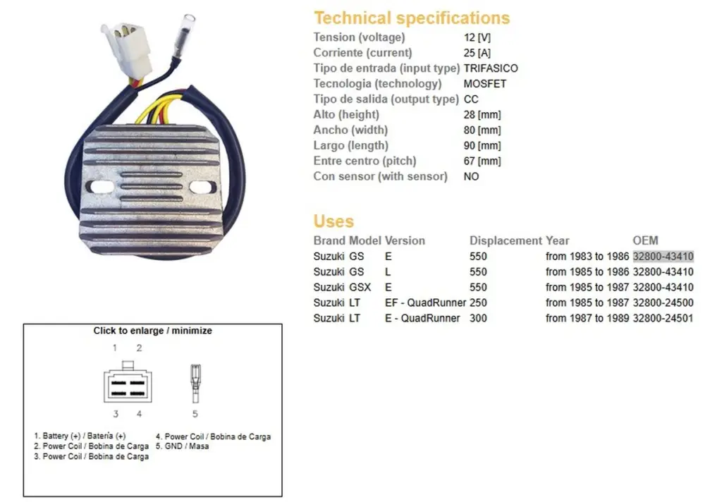 Značkový DZE regulátor napětí SUZUKI GS 550E/L 83-86; GSX 550E 85-87; LT 250EF QUADRUNNER 85-87; LT 300E QUADRUNNER 87-89 (ESR110) (32800-43410)