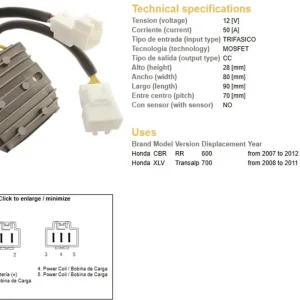 Omezená Nabídka DZE regulátor napětí HONDA CBR 600RR 07-12; XL 700V TRANSALP 08-11 (50A) (31600-MFJ-D01)
