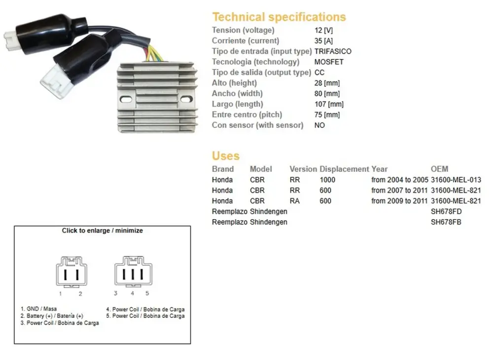 DZE regulátor napětí HONDA CBR 600RR 07-11; CBR 1000RR 04-05 (31600-MEL-821) (ESR439) (SH678FD; SH678FB) Zlevněný