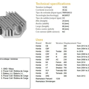 Akční Cena DZE regulátor napětí HONDA CB 300 13-15; CBF 250 04-07; CRF 250/450R 09-12; VT 700 SHADOW 04-09; VT 750 SHADOW 04-09; XL 650V TRANSALP 01-07 (31600-KPF-961)