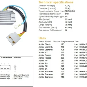 Značkový DZE regulátor napětí APRILIA PEGASO 600/650 90-95; RS 125/250 95-09; RX 125 94-08; LEONARDO; SCARABEO (ESR087)