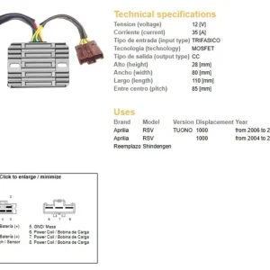 DZE regulátor napětí APRILIA RSV 1000 04-08; TUONO 1000 06-09 (SH579GA) (AP8127144) (ESR549) Akce