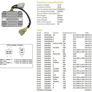 DZE regulátor napětí DUCATI DS 1000 MULTISTRADA 03-04; DUCATI 749/848/999/1098/1099/1198 (OEM-540.4.019.1A) (SH579EA) (ESR538) Vysoce Kvalitní