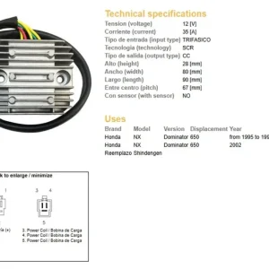 Víkendová Akce DZE regulátor napětí HONDA NX 650 DOMINATOR 95-99; 02 (31600-MAN-621) (35A)