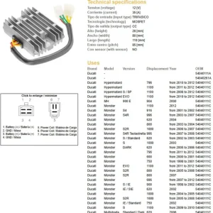 DZE regulátor napětí DUCATI 600/620/748/750/796/800/900/916/944/992/996/1000/1100 98-12 (35A)(54040111C, SH579-B11) (ESR532) - nahrazuje 2354-01 Expresní Doručení